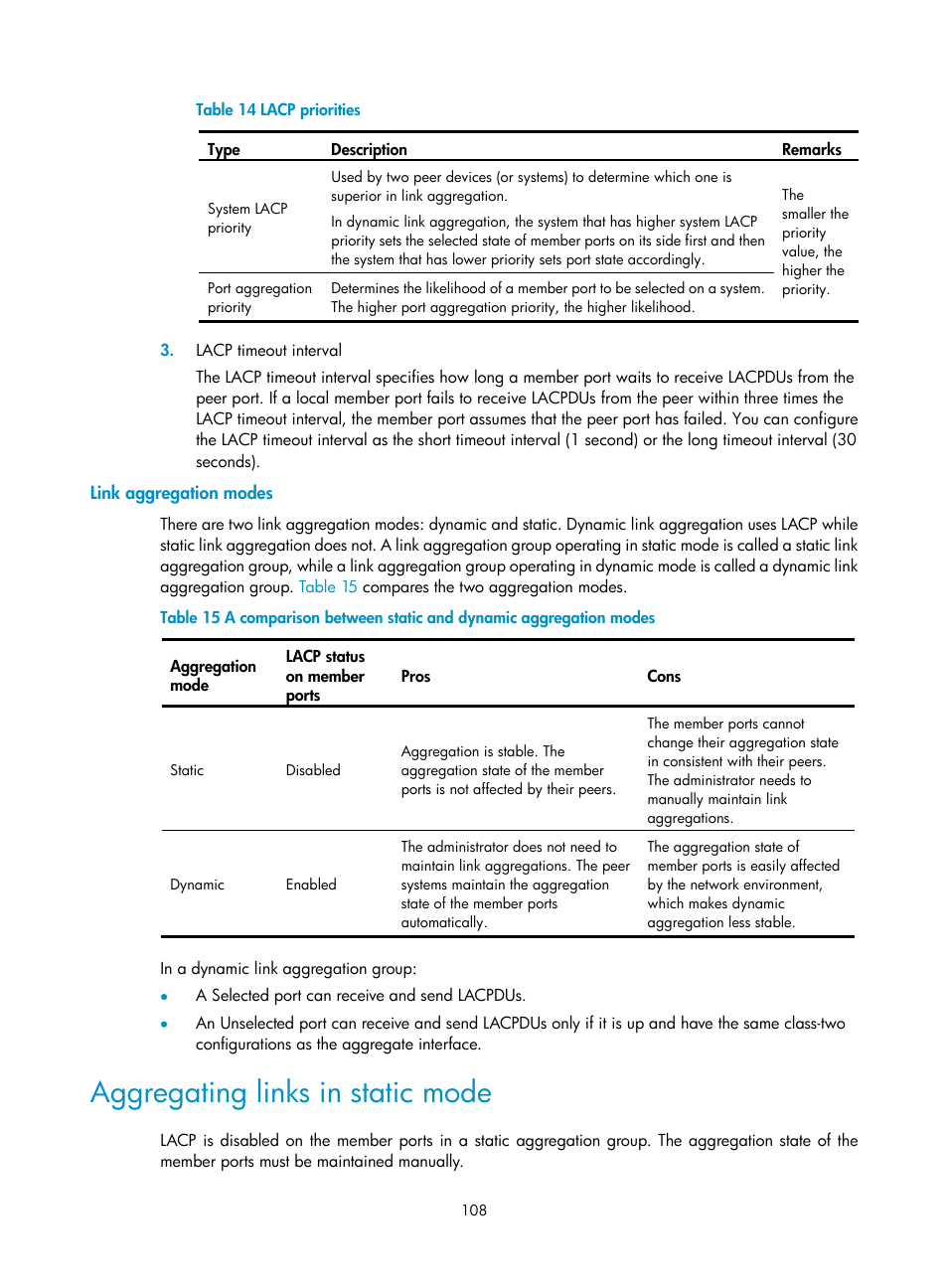 Link aggregation modes, Aggregating links in static mode, Table 14 | H3C Technologies H3C S12500 Series Switches User Manual | Page 121 / 270