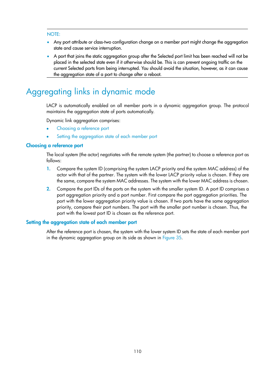 Aggregating links in dynamic mode, Choosing a reference port, Setting the aggregation state of each member port | H3C Technologies H3C S12500 Series Switches User Manual | Page 123 / 270
