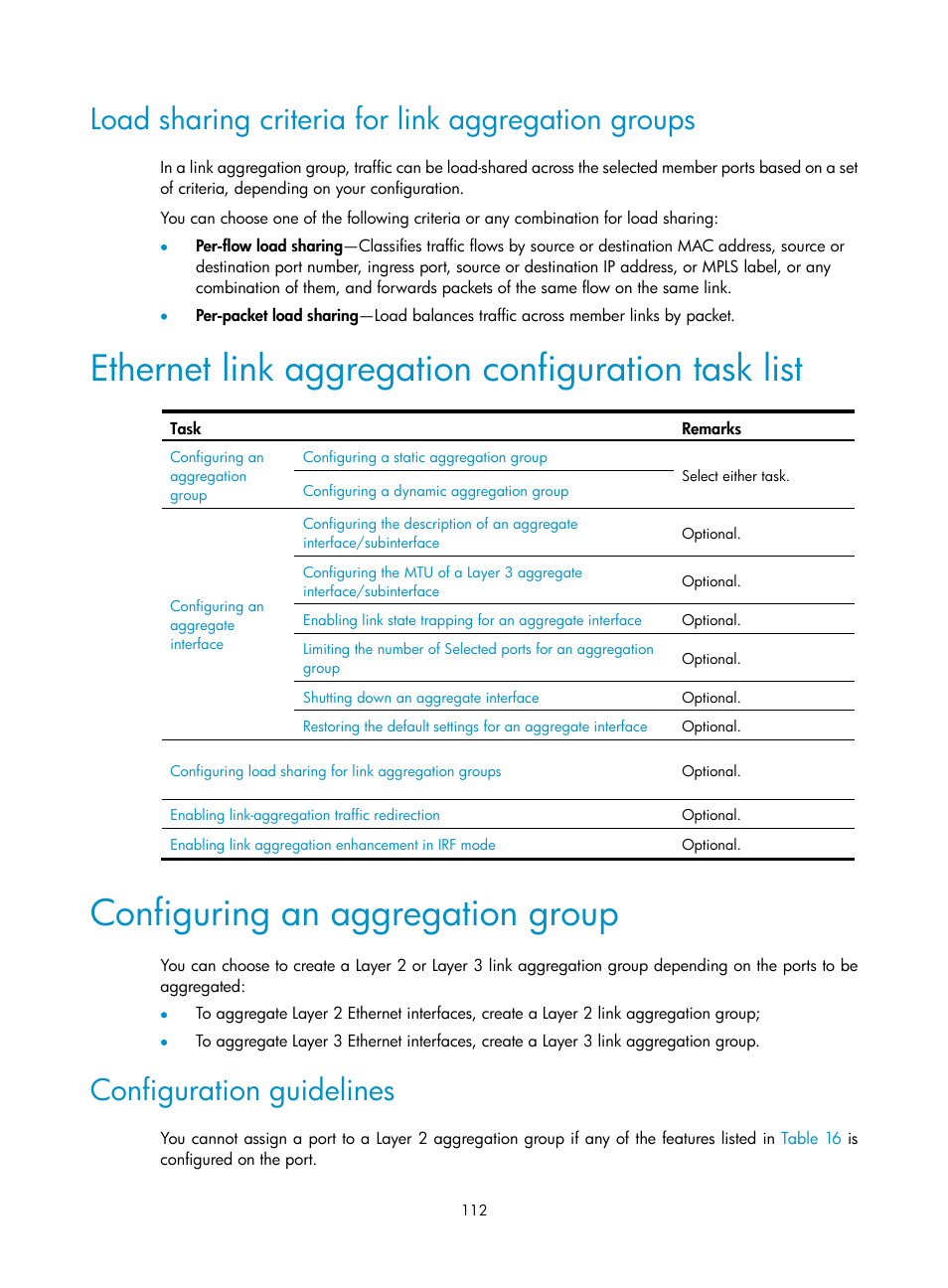 Load sharing criteria for link aggregation groups, Ethernet link aggregation configuration task list, Configuring an aggregation group | Configuration guidelines | H3C Technologies H3C S12500 Series Switches User Manual | Page 125 / 270