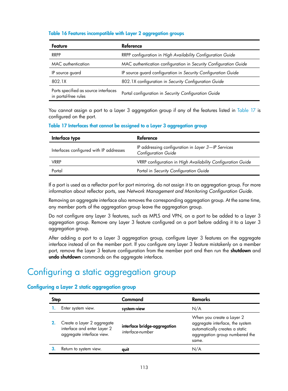 Configuring a static aggregation group, Configuring a layer 2 static aggregation group, Listed in | Table 16 | H3C Technologies H3C S12500 Series Switches User Manual | Page 126 / 270