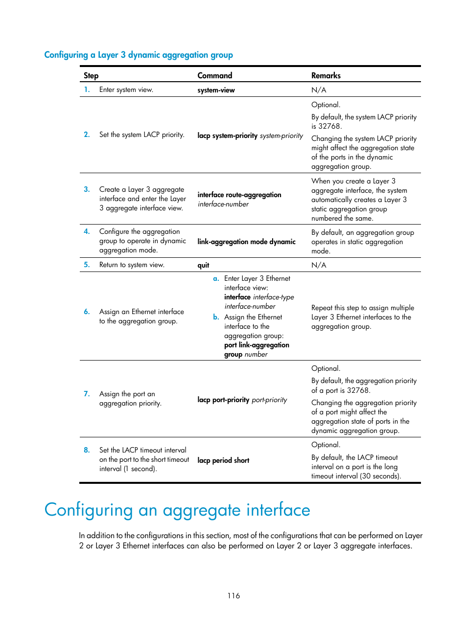 Configuring a layer 3 dynamic aggregation group, Configuring an aggregate interface | H3C Technologies H3C S12500 Series Switches User Manual | Page 129 / 270