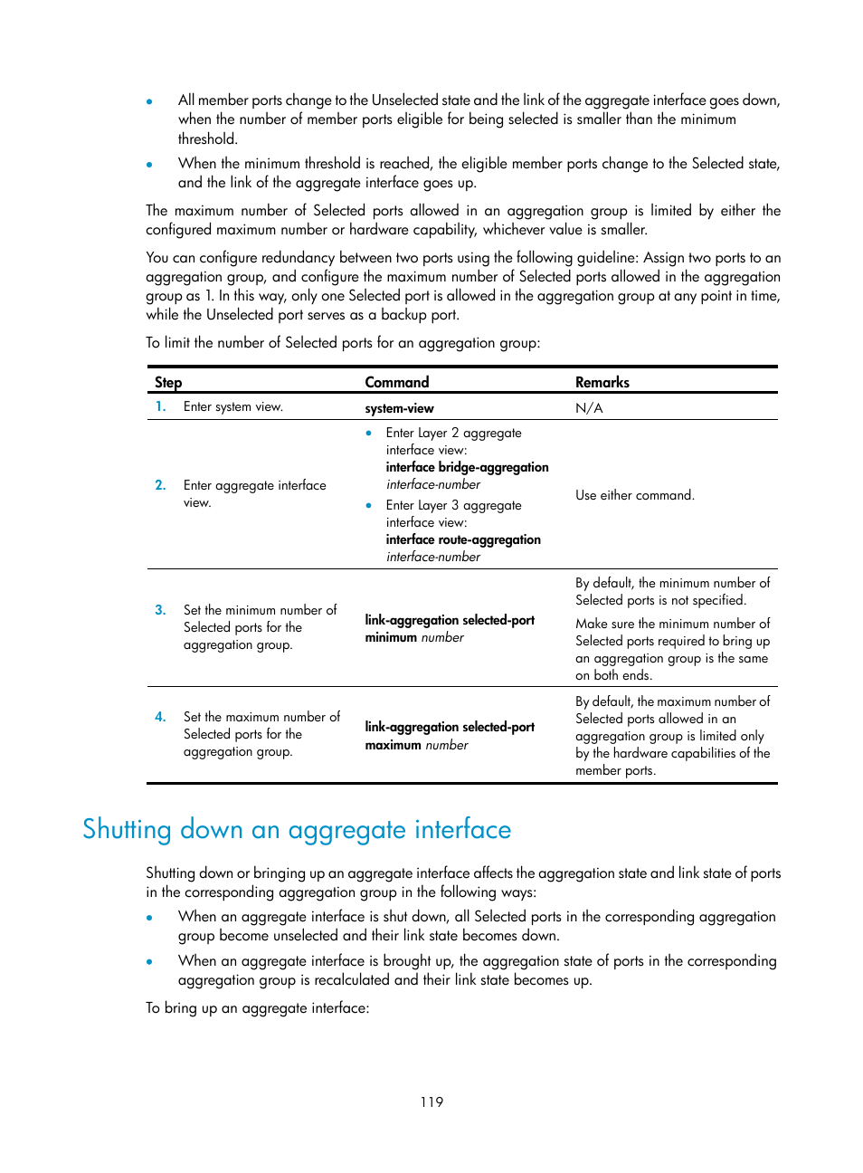 Shutting down an aggregate interface | H3C Technologies H3C S12500 Series Switches User Manual | Page 132 / 270
