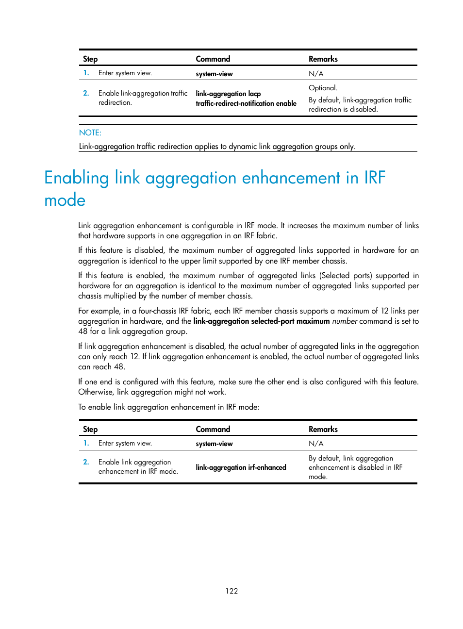 Enabling link aggregation enhancement in irf mode | H3C Technologies H3C S12500 Series Switches User Manual | Page 135 / 270