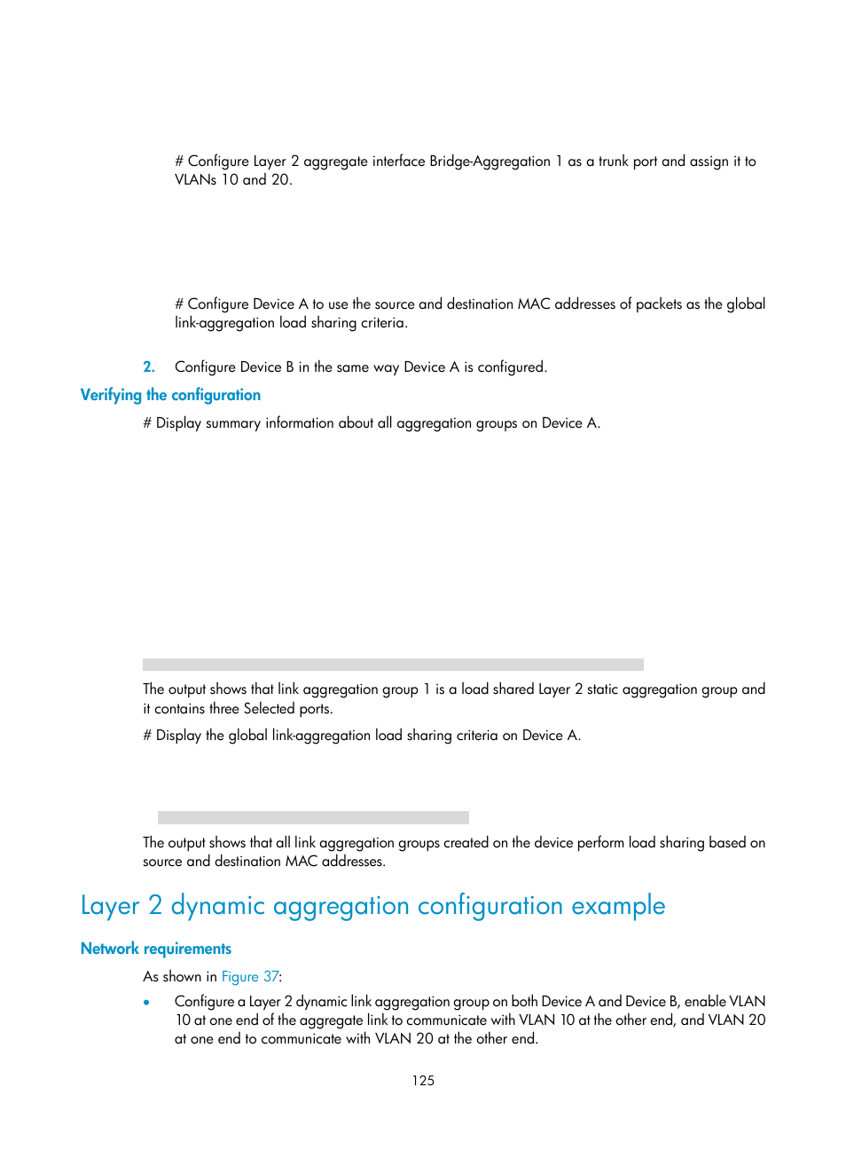 Verifying the configuration, Layer 2 dynamic aggregation configuration example, Network requirements | H3C Technologies H3C S12500 Series Switches User Manual | Page 138 / 270