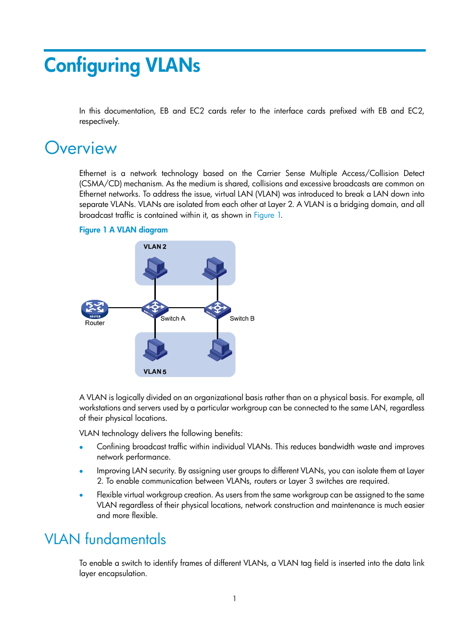Configuring vlans, Overview, Vlan fundamentals | H3C Technologies H3C S12500 Series Switches User Manual | Page 14 / 270