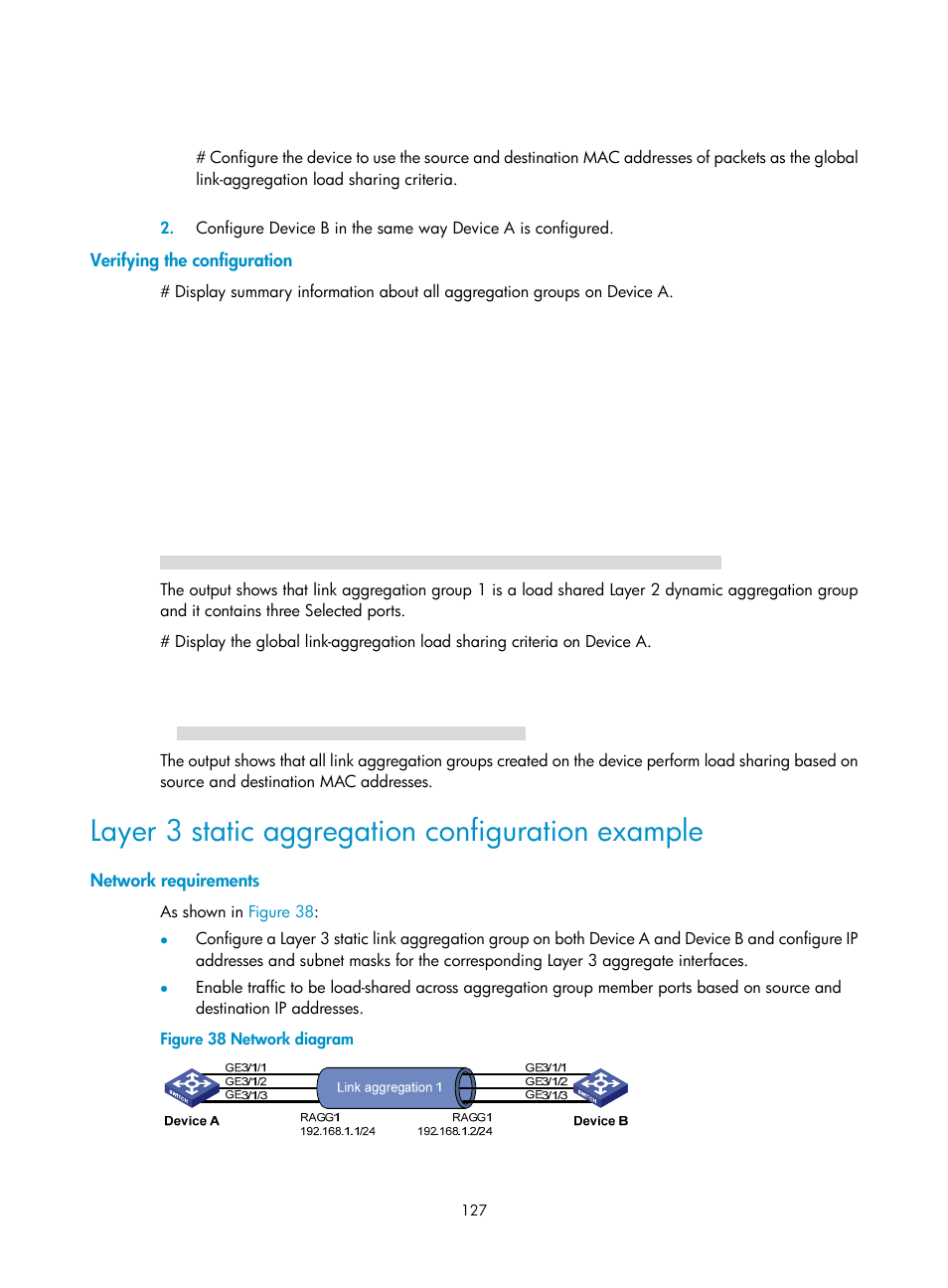 Verifying the configuration, Layer 3 static aggregation configuration example, Network requirements | H3C Technologies H3C S12500 Series Switches User Manual | Page 140 / 270