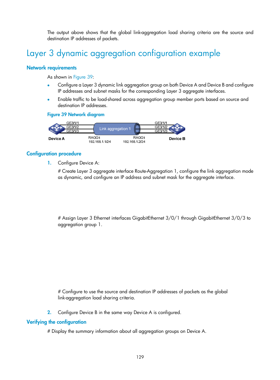 Layer 3 dynamic aggregation configuration example, Network requirements, Configuration procedure | Verifying the configuration | H3C Technologies H3C S12500 Series Switches User Manual | Page 142 / 270