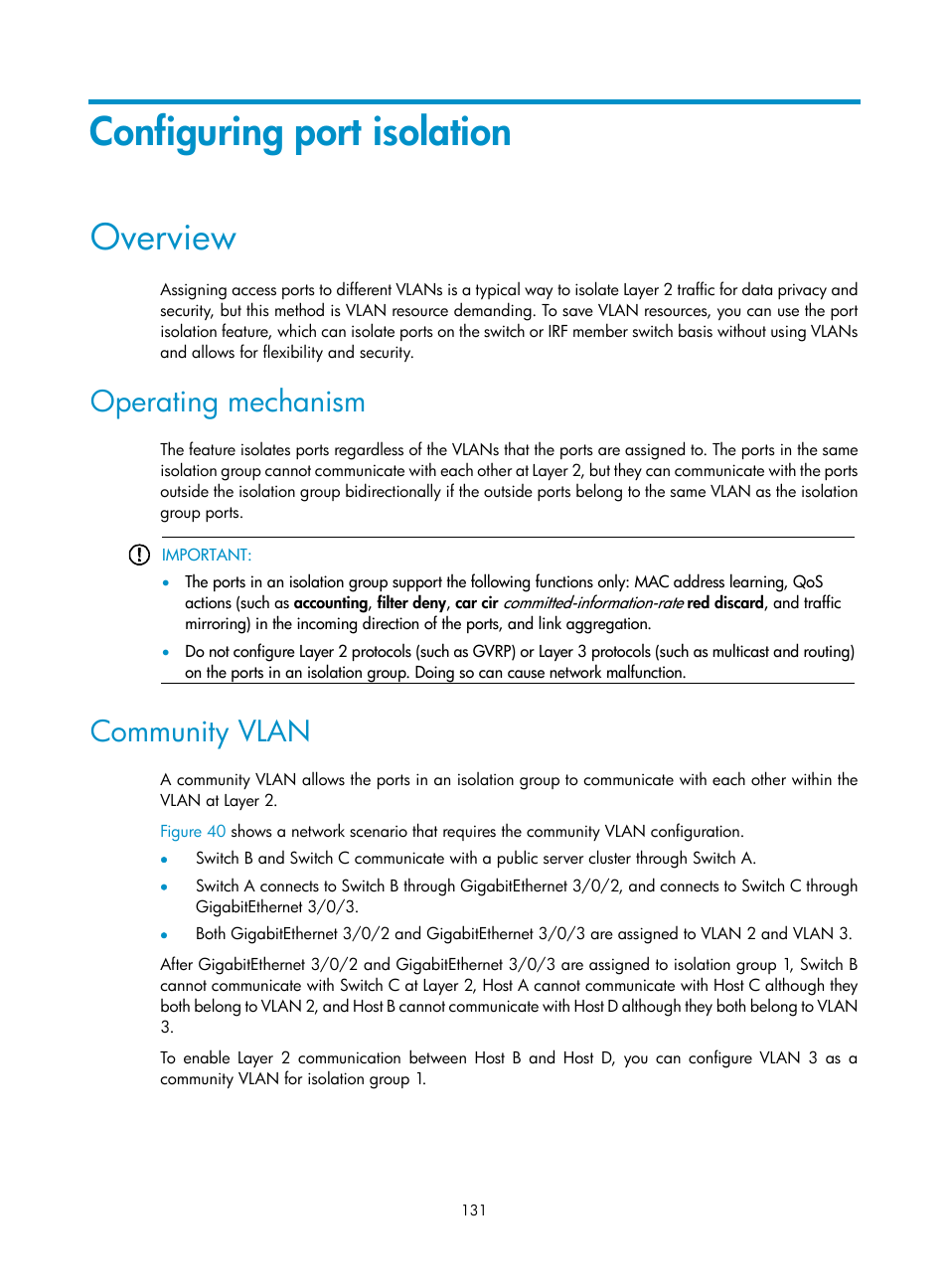 Configuring port isolation, Overview, Operating mechanism | Community vlan | H3C Technologies H3C S12500 Series Switches User Manual | Page 144 / 270