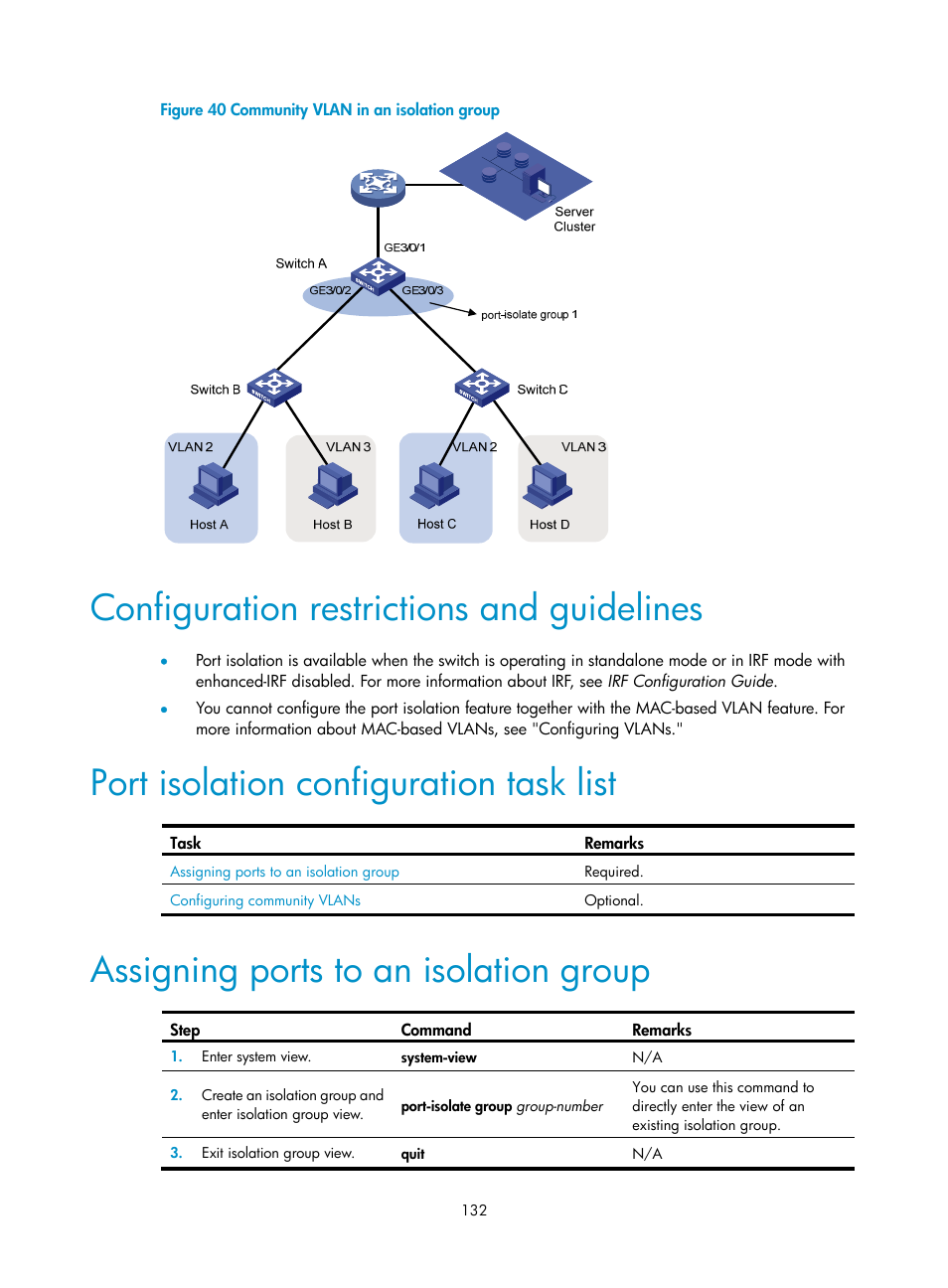 Configuration restrictions and guidelines, Port isolation configuration task list, Assigning ports to an isolation group | H3C Technologies H3C S12500 Series Switches User Manual | Page 145 / 270