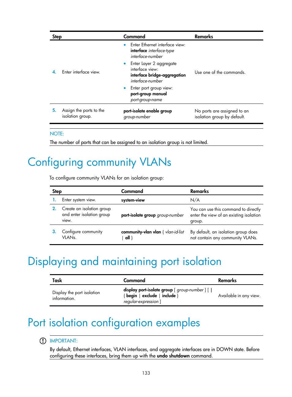 Configuring community vlans, Displaying and maintaining port isolation, Port isolation configuration examples | H3C Technologies H3C S12500 Series Switches User Manual | Page 146 / 270