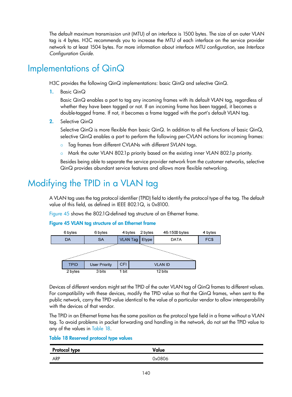 Implementations of qinq, Modifying the tpid in a vlan tag | H3C Technologies H3C S12500 Series Switches User Manual | Page 153 / 270