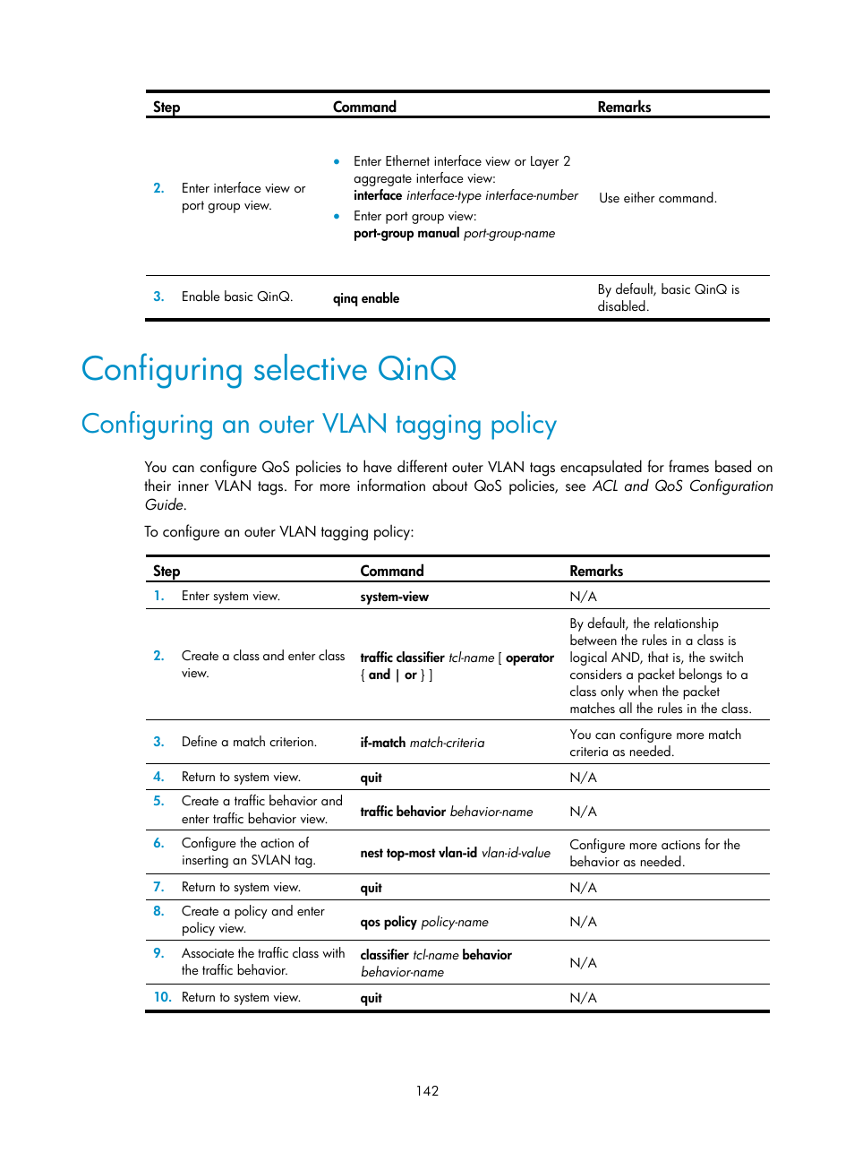 Configuring selective qinq, Configuring an outer vlan tagging policy | H3C Technologies H3C S12500 Series Switches User Manual | Page 155 / 270