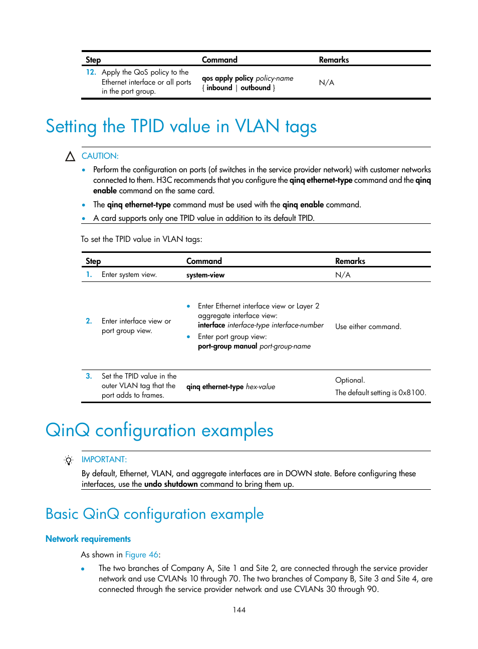 Setting the tpid value in vlan tags, Qinq configuration examples, Basic qinq configuration example | Network requirements | H3C Technologies H3C S12500 Series Switches User Manual | Page 157 / 270