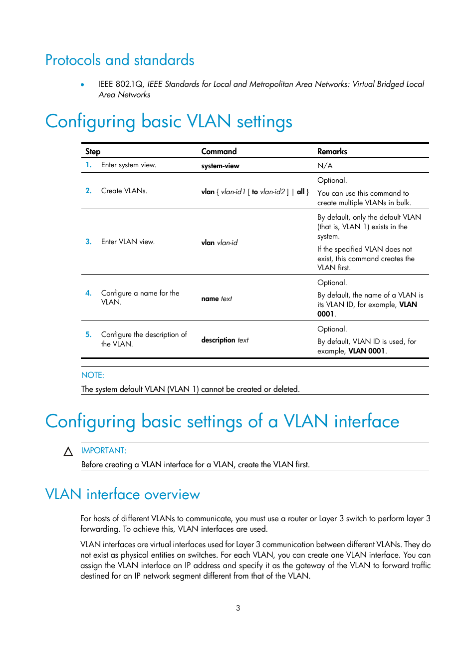 Protocols and standards, Configuring basic vlan settings, Configuring basic settings of a vlan interface | Vlan interface overview | H3C Technologies H3C S12500 Series Switches User Manual | Page 16 / 270