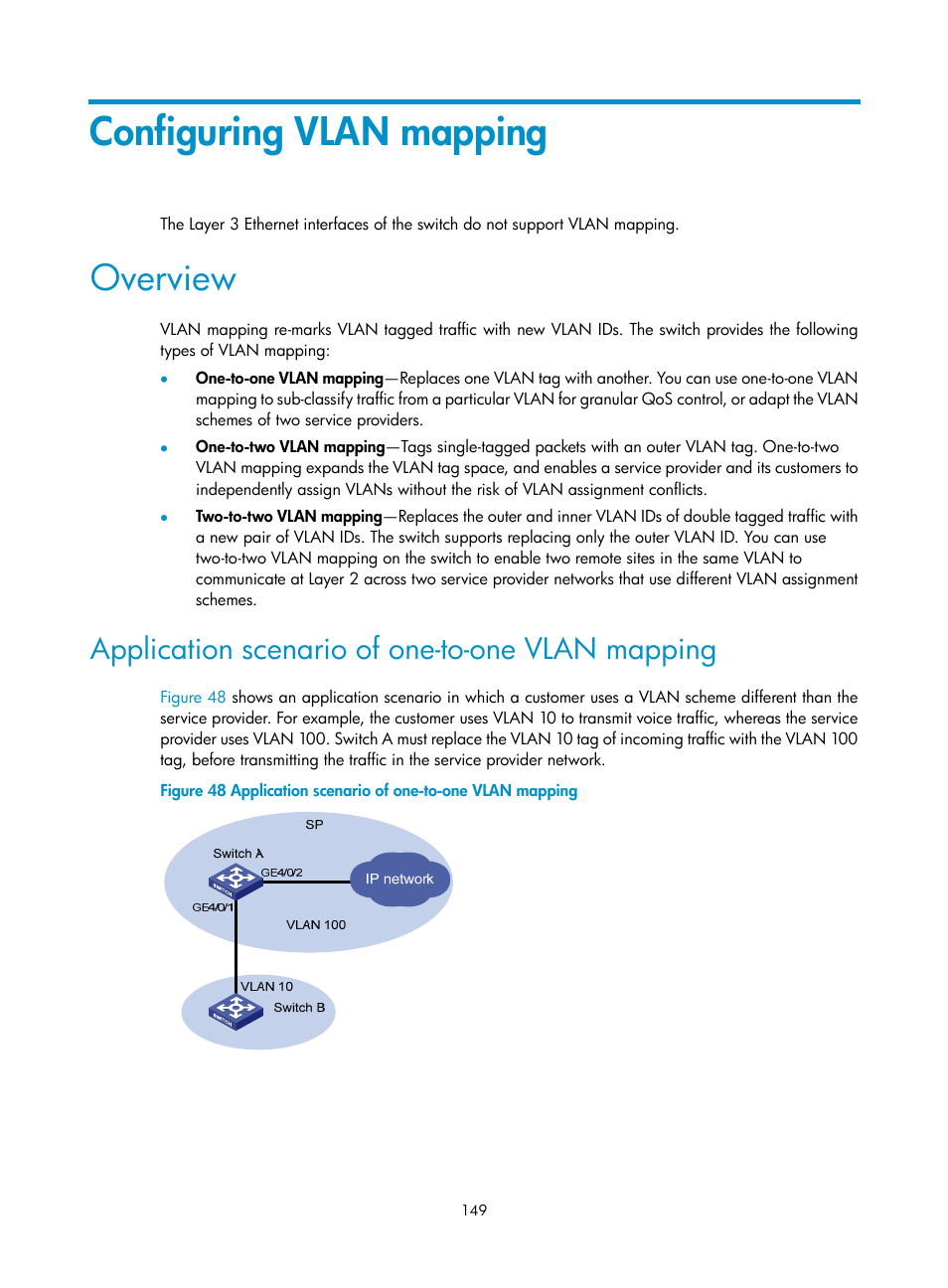 Configuring vlan mapping, Overview, Application scenario of one-to-one vlan mapping | H3C Technologies H3C S12500 Series Switches User Manual | Page 162 / 270