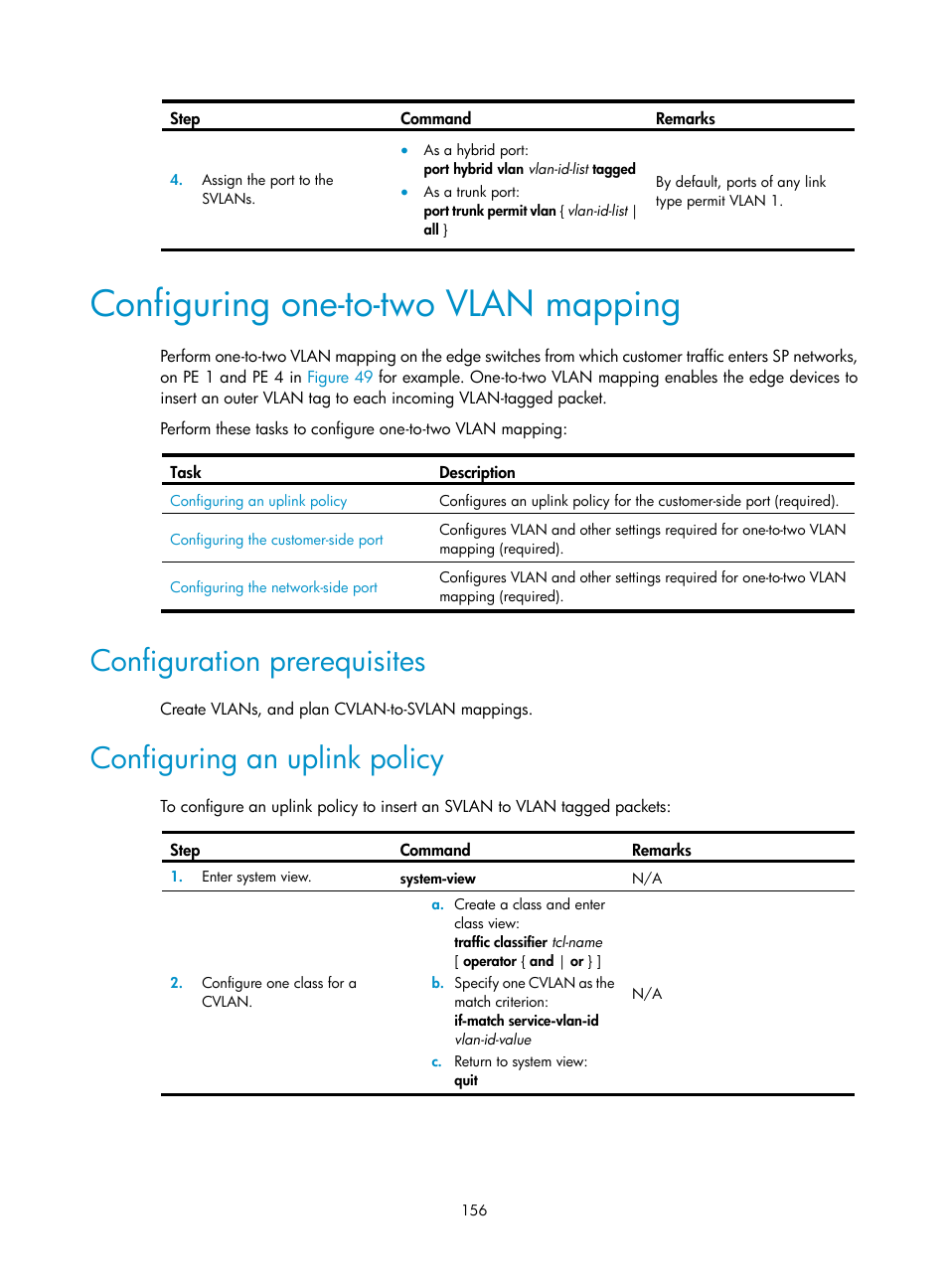 Configuring one-to-two vlan mapping, Configuration prerequisites, Configuring an uplink policy | H3C Technologies H3C S12500 Series Switches User Manual | Page 169 / 270