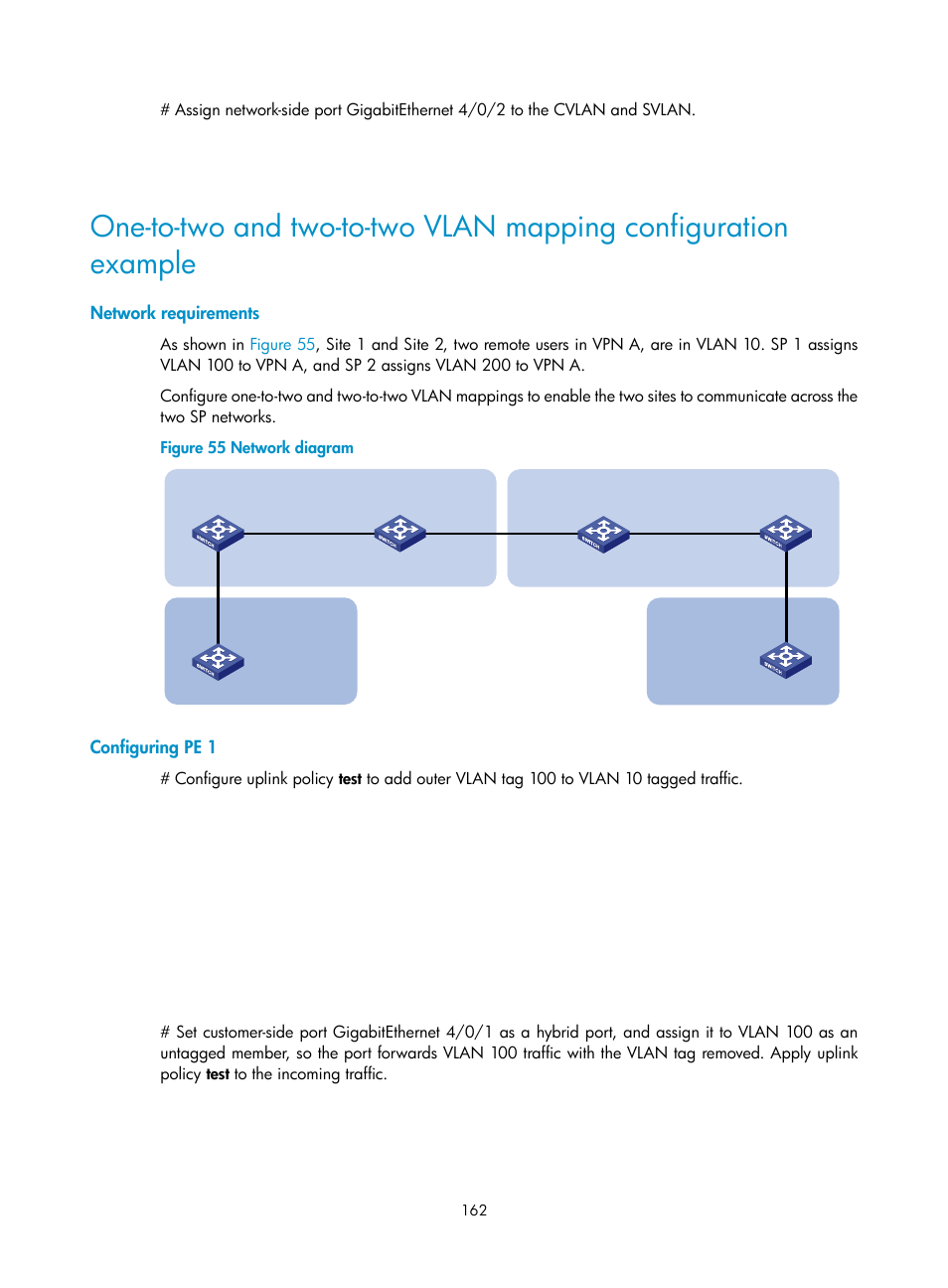 Network requirements, Configuring pe 1 | H3C Technologies H3C S12500 Series Switches User Manual | Page 175 / 270