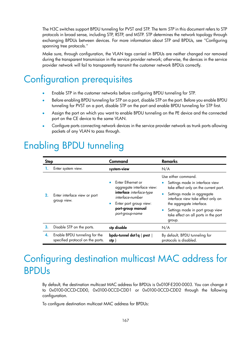 Configuration prerequisites, Enabling bpdu tunneling | H3C Technologies H3C S12500 Series Switches User Manual | Page 180 / 270