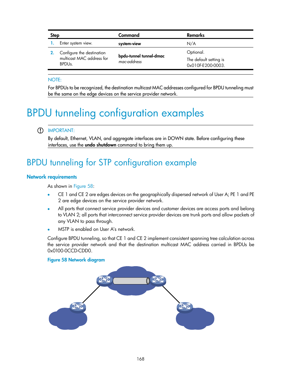 Bpdu tunneling configuration examples, Bpdu tunneling for stp configuration example, Network requirements | H3C Technologies H3C S12500 Series Switches User Manual | Page 181 / 270