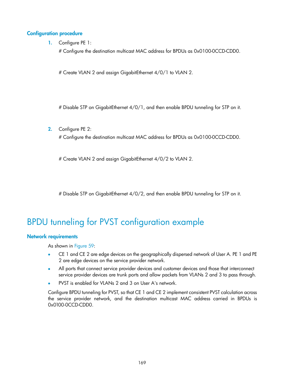 Configuration procedure, Bpdu tunneling for pvst configuration example, Network requirements | H3C Technologies H3C S12500 Series Switches User Manual | Page 182 / 270