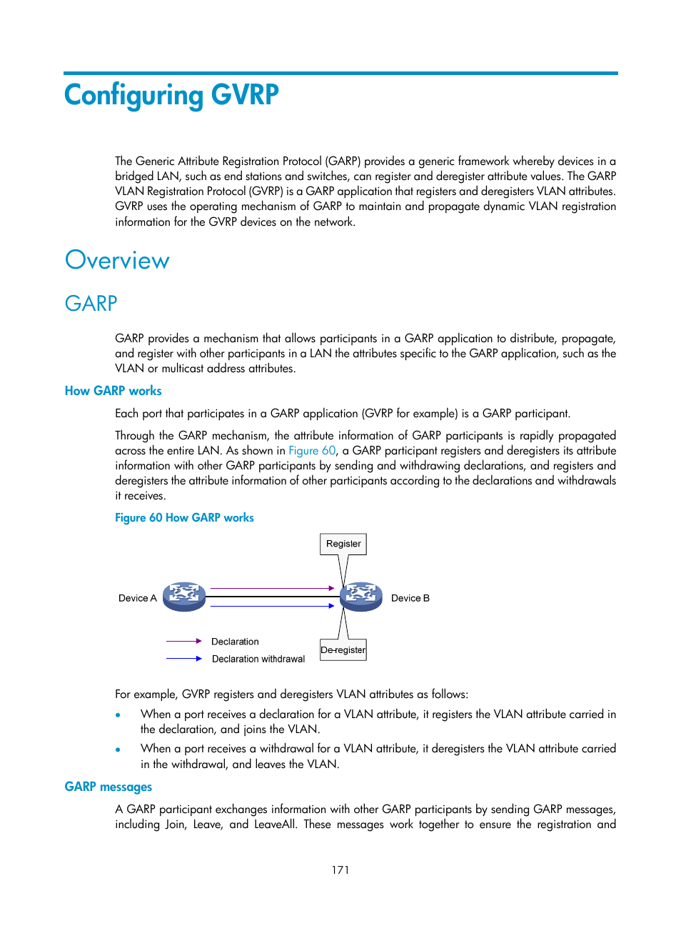 Configuring gvrp, Overview, Garp | How garp works, Garp messages | H3C Technologies H3C S12500 Series Switches User Manual | Page 184 / 270