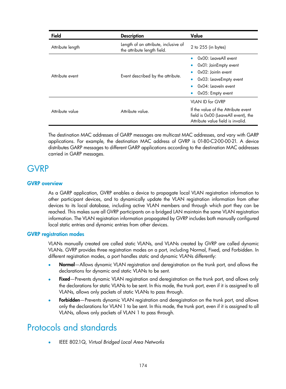 Gvrp, Gvrp overview, Gvrp registration modes | Protocols and standards | H3C Technologies H3C S12500 Series Switches User Manual | Page 187 / 270