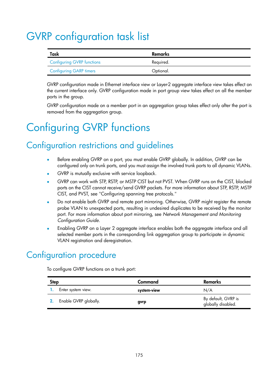 Gvrp configuration task list, Configuring gvrp functions, Configuration restrictions and guidelines | Configuration procedure | H3C Technologies H3C S12500 Series Switches User Manual | Page 188 / 270