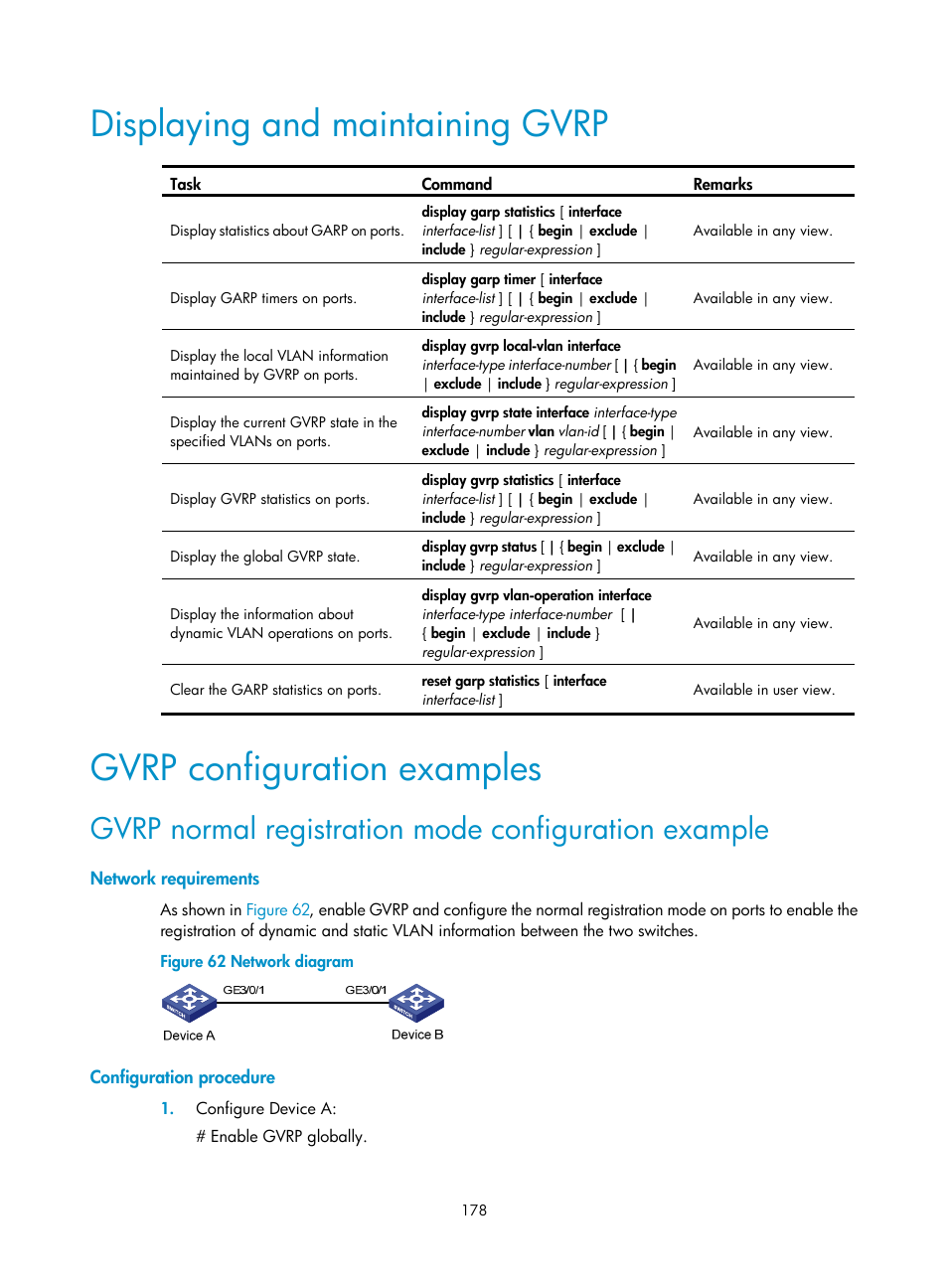 Displaying and maintaining gvrp, Gvrp configuration examples, Network requirements | Configuration procedure | H3C Technologies H3C S12500 Series Switches User Manual | Page 191 / 270