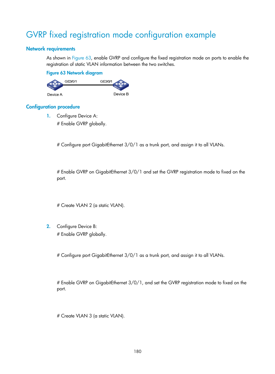 Gvrp fixed registration mode configuration example, Network requirements, Configuration procedure | H3C Technologies H3C S12500 Series Switches User Manual | Page 193 / 270