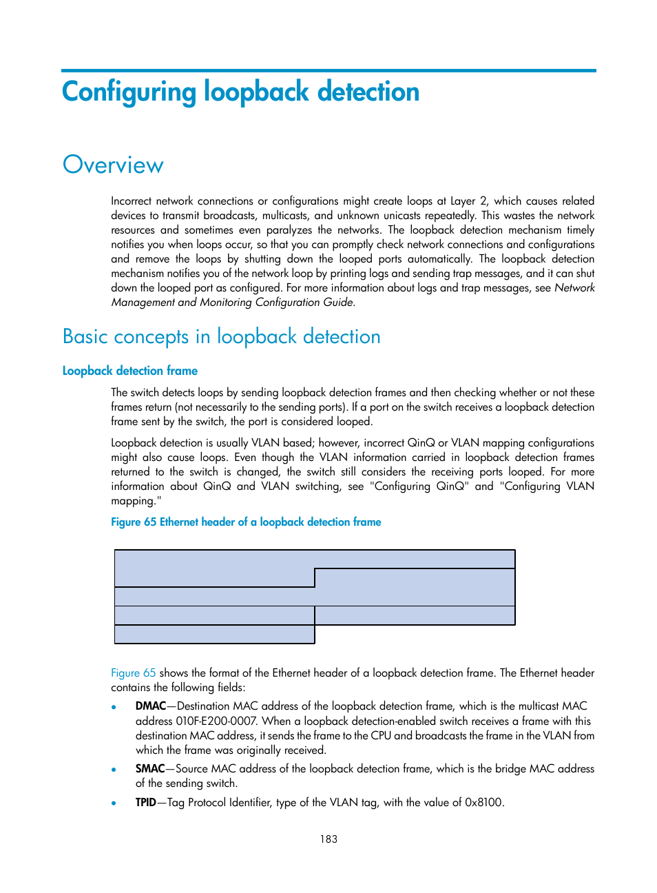 Configuring loopback detection, Overview, Basic concepts in loopback detection | Loopback detection frame | H3C Technologies H3C S12500 Series Switches User Manual | Page 196 / 270