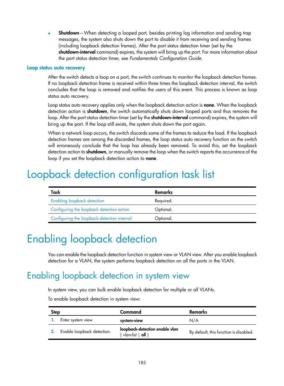 Loop status auto recovery, Loopback detection configuration task list, Enabling loopback detection | Enabling loopback detection in system view | H3C Technologies H3C S12500 Series Switches User Manual | Page 198 / 270