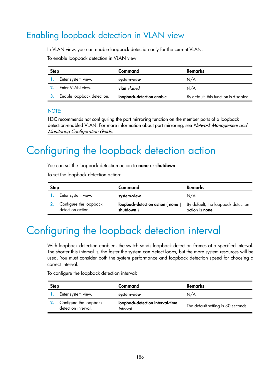 Enabling loopback detection in vlan view, Configuring the loopback detection action, Configuring the loopback detection interval | H3C Technologies H3C S12500 Series Switches User Manual | Page 199 / 270