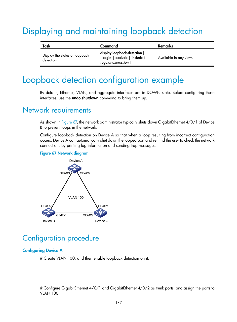 Displaying and maintaining loopback detection, Loopback detection configuration example, Network requirements | Configuration procedure, Configuring device a | H3C Technologies H3C S12500 Series Switches User Manual | Page 200 / 270