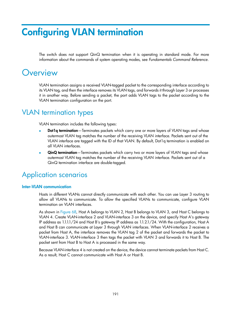 Configuring vlan termination, Overview, Vlan termination types | Application scenarios, Inter-vlan communication | H3C Technologies H3C S12500 Series Switches User Manual | Page 204 / 270
