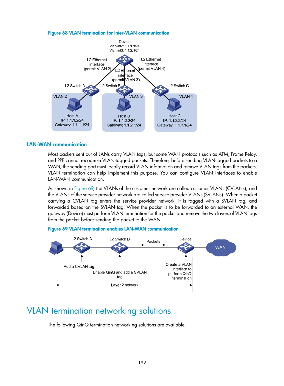 Lan-wan communication, Vlan termination networking solutions | H3C Technologies H3C S12500 Series Switches User Manual | Page 205 / 270