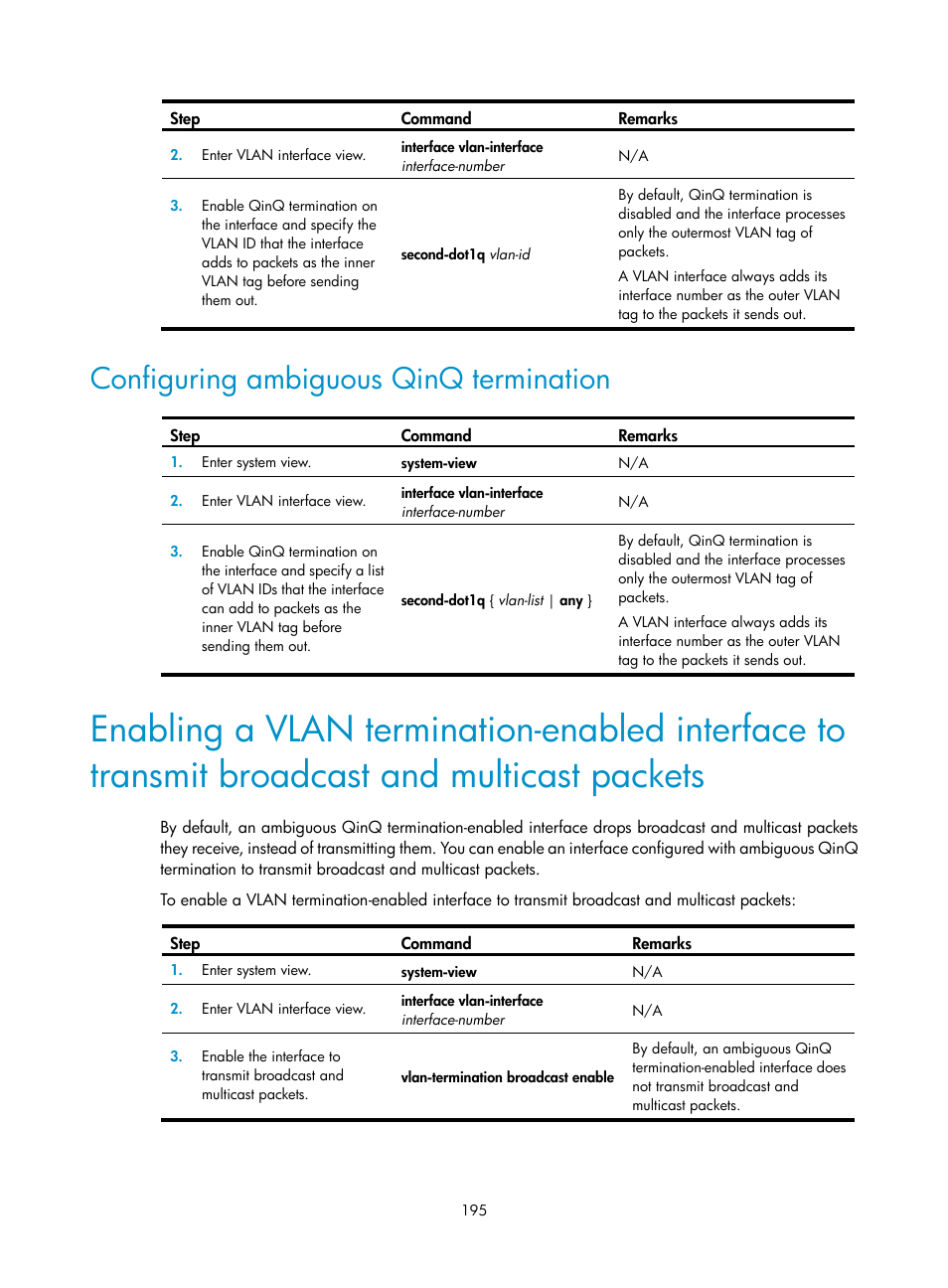 Configuring ambiguous qinq termination | H3C Technologies H3C S12500 Series Switches User Manual | Page 208 / 270