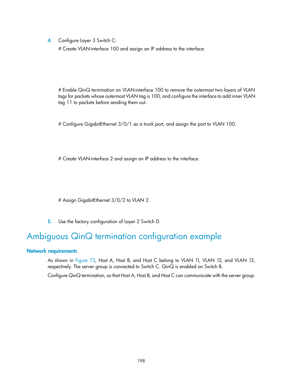 Ambiguous qinq termination configuration example, Network requirements | H3C Technologies H3C S12500 Series Switches User Manual | Page 211 / 270