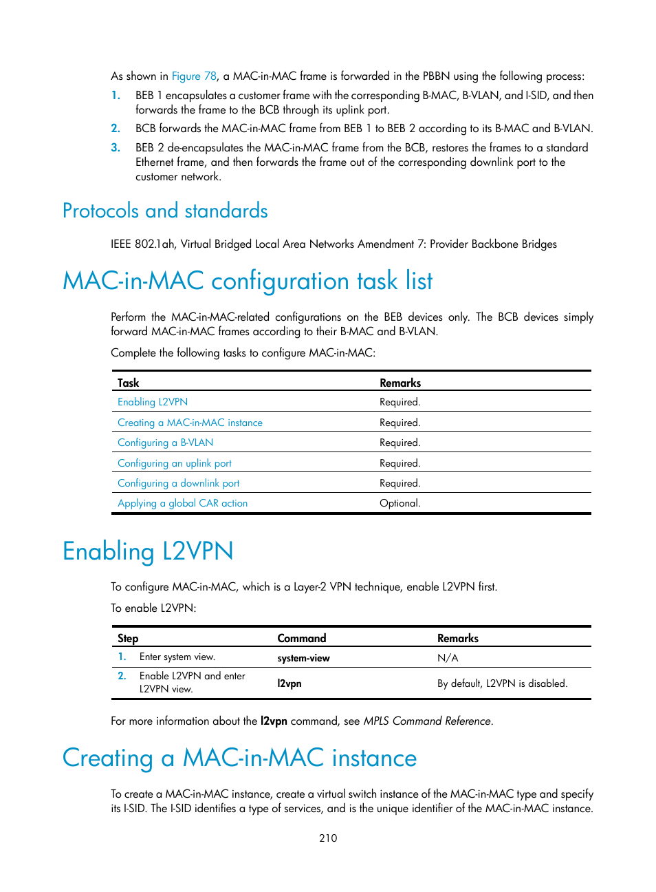 Protocols and standards, Mac-in-mac configuration task list, Enabling l2vpn | Creating a mac-in-mac instance | H3C Technologies H3C S12500 Series Switches User Manual | Page 223 / 270