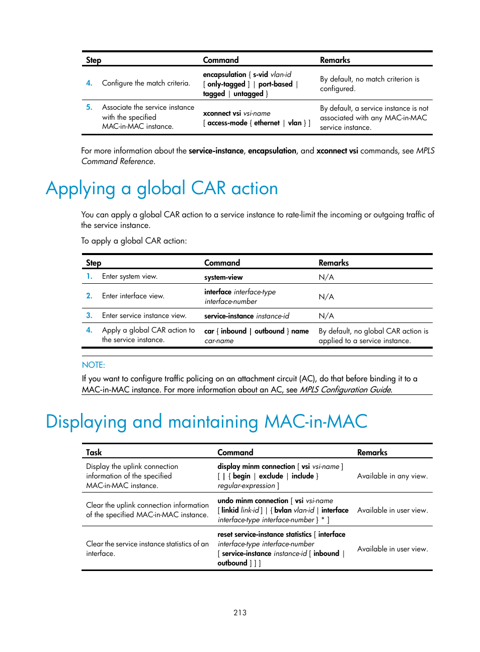 Applying a global car action, Displaying and maintaining mac-in-mac | H3C Technologies H3C S12500 Series Switches User Manual | Page 226 / 270