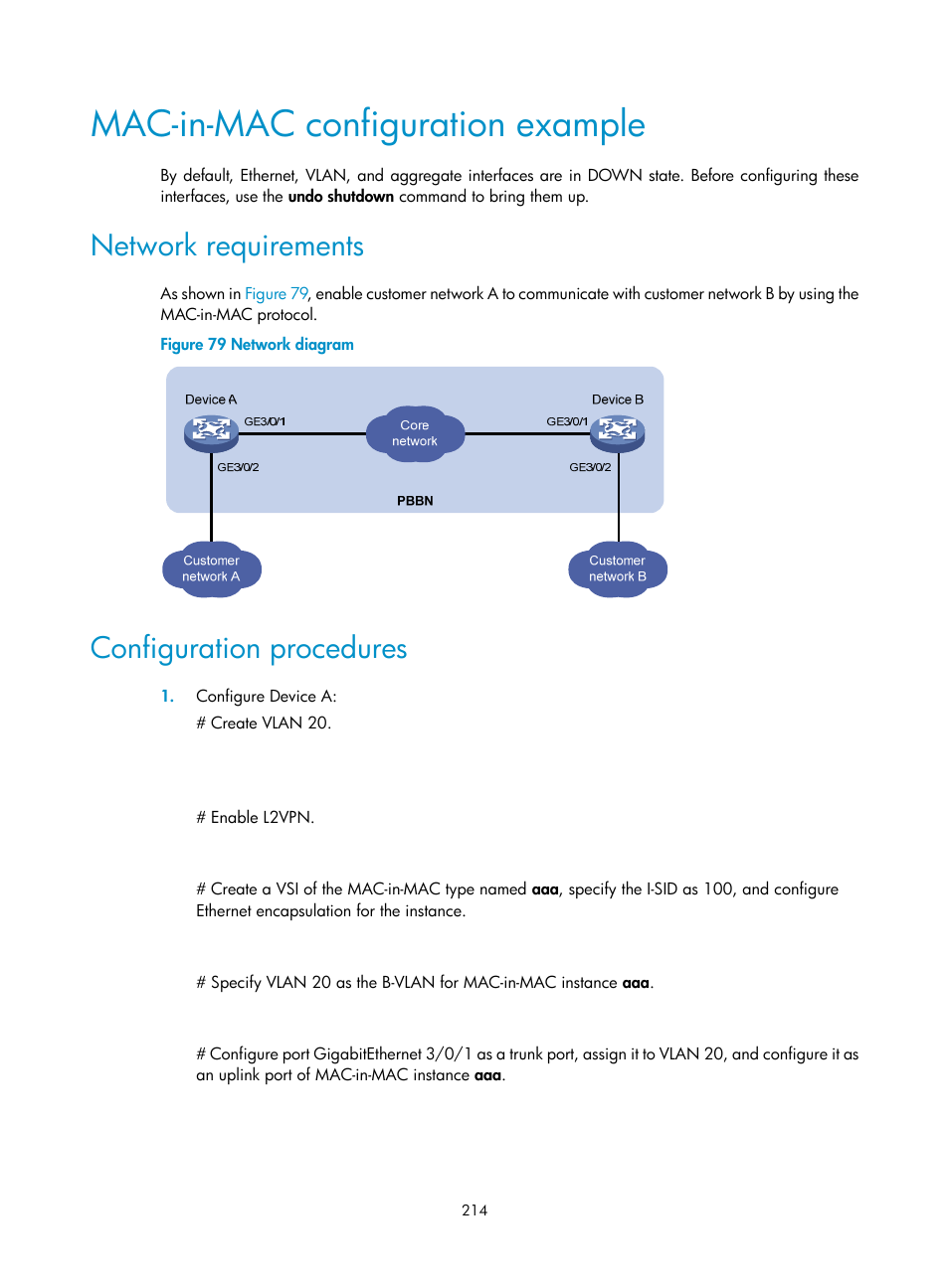 Mac-in-mac configuration example, Network requirements, Configuration procedures | H3C Technologies H3C S12500 Series Switches User Manual | Page 227 / 270