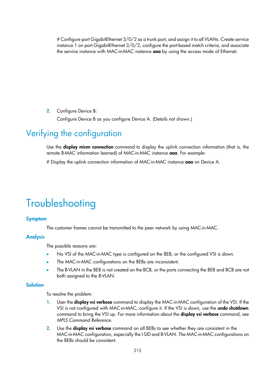 Verifying the configuration, Troubleshooting, Symptom | Analysis, Solution | H3C Technologies H3C S12500 Series Switches User Manual | Page 228 / 270