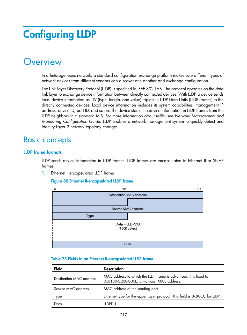 Configuring lldp, Overview, Basic concepts | Lldp frame formats | H3C Technologies H3C S12500 Series Switches User Manual | Page 230 / 270