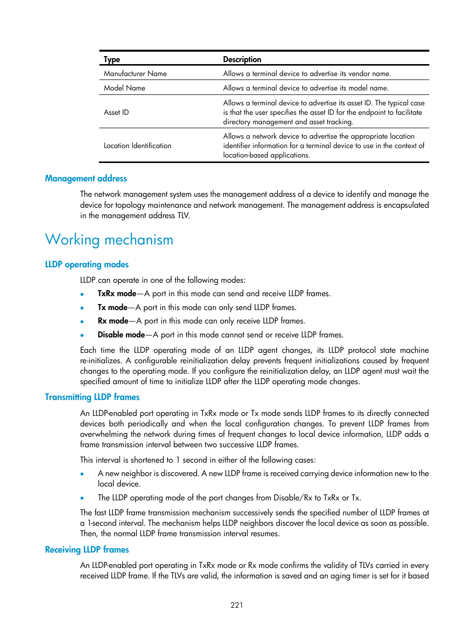 Management address, Working mechanism, Lldp operating modes | Transmitting lldp frames, Receiving lldp frames | H3C Technologies H3C S12500 Series Switches User Manual | Page 234 / 270