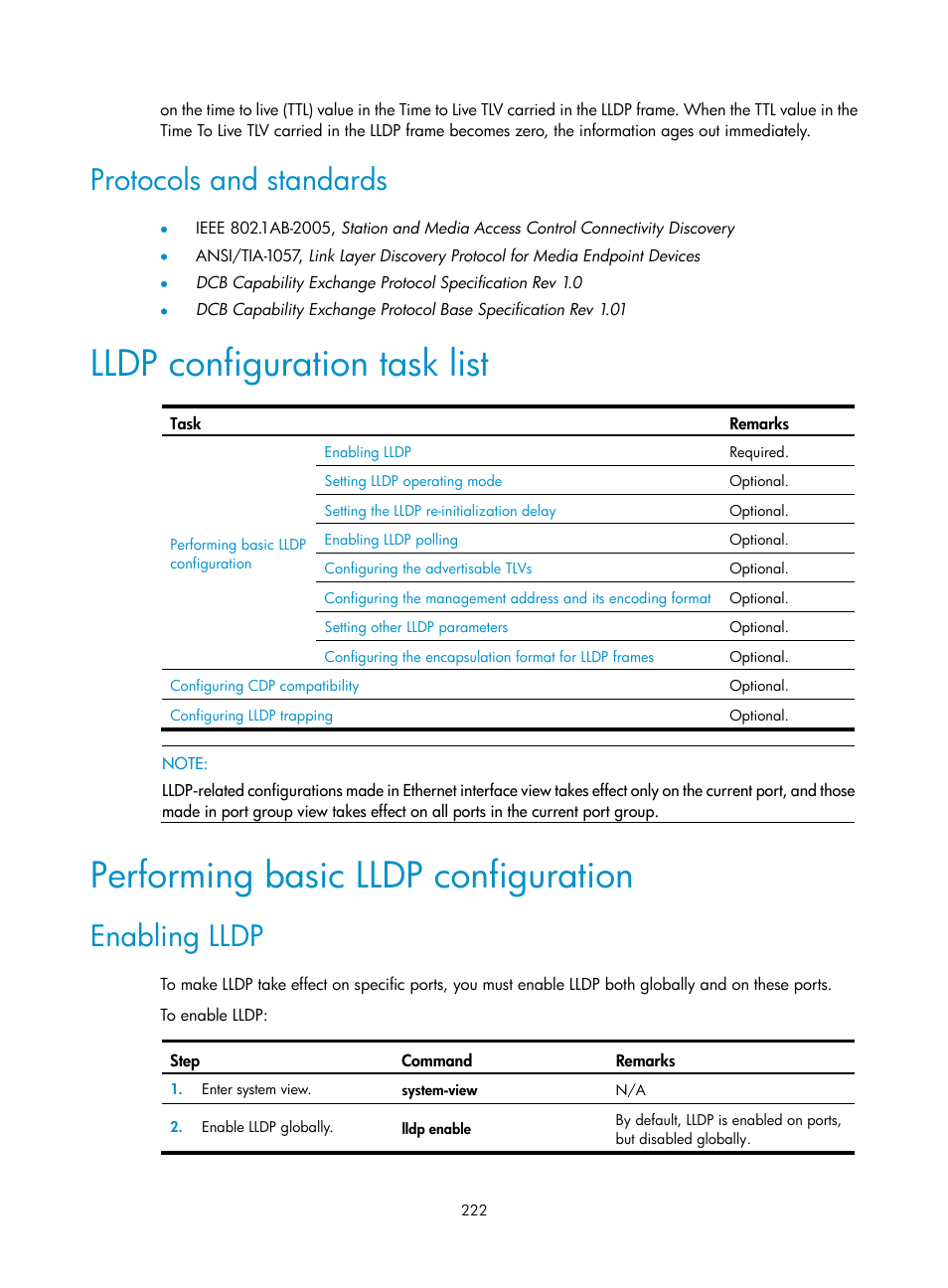 Protocols and standards, Lldp configuration task list, Performing basic lldp configuration | Enabling lldp | H3C Technologies H3C S12500 Series Switches User Manual | Page 235 / 270