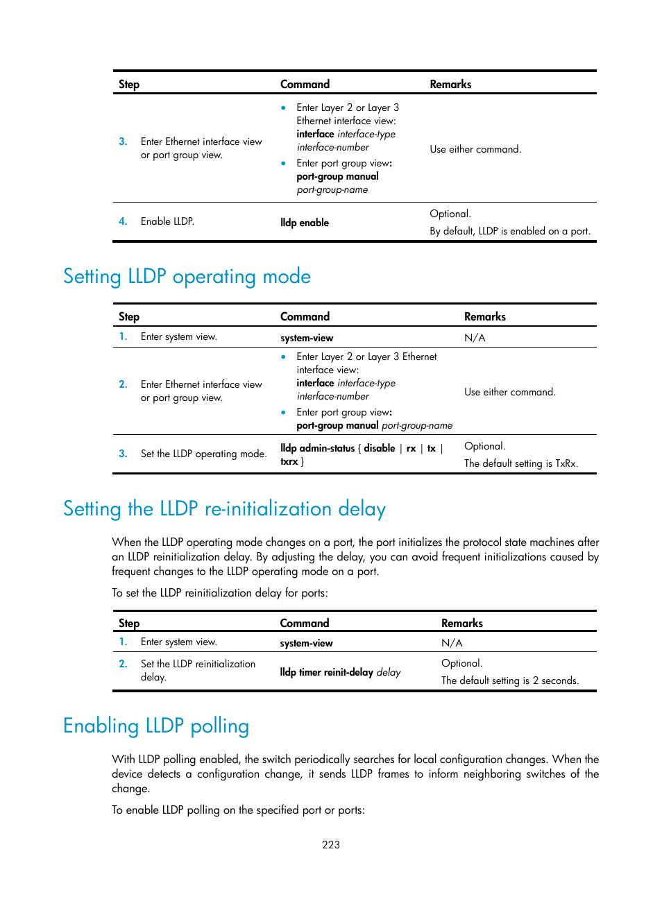 Setting lldp operating mode, Setting the lldp re-initialization delay, Enabling lldp polling | H3C Technologies H3C S12500 Series Switches User Manual | Page 236 / 270