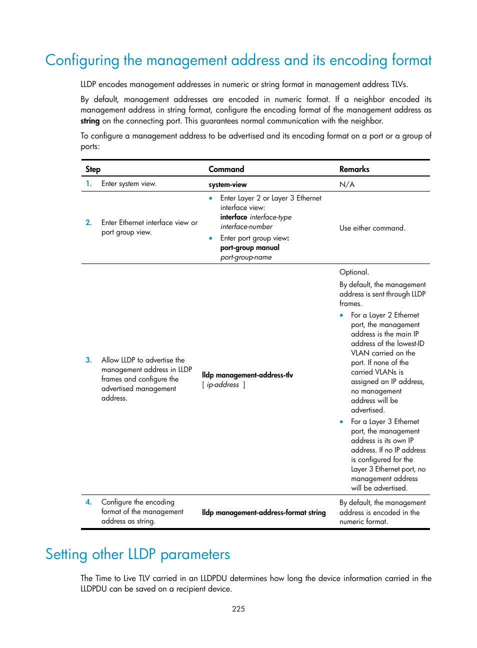 Setting other lldp parameters | H3C Technologies H3C S12500 Series Switches User Manual | Page 238 / 270
