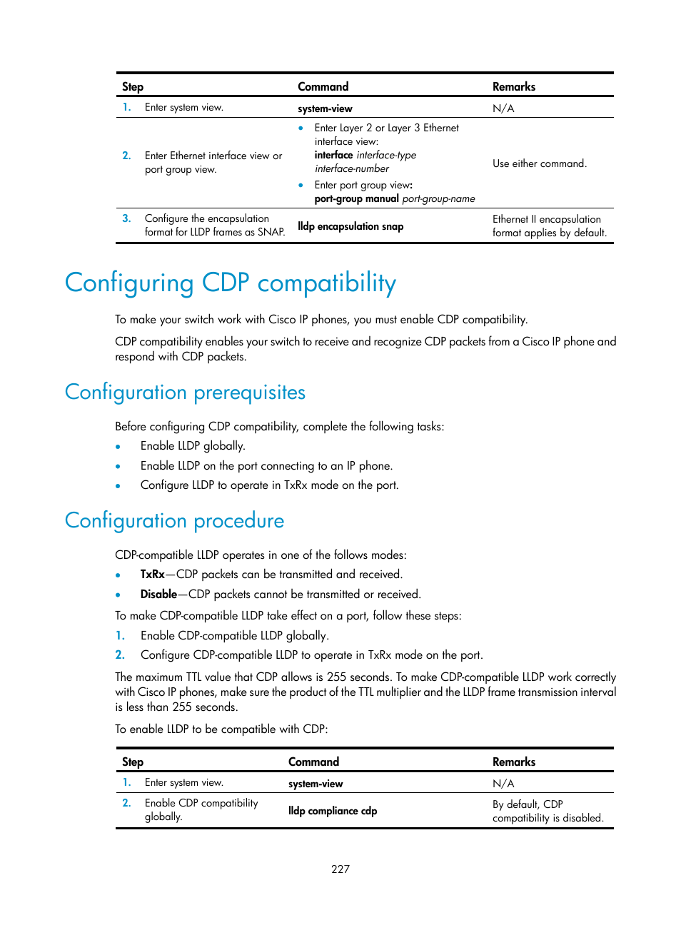 Configuring cdp compatibility, Configuration prerequisites, Configuration procedure | H3C Technologies H3C S12500 Series Switches User Manual | Page 240 / 270