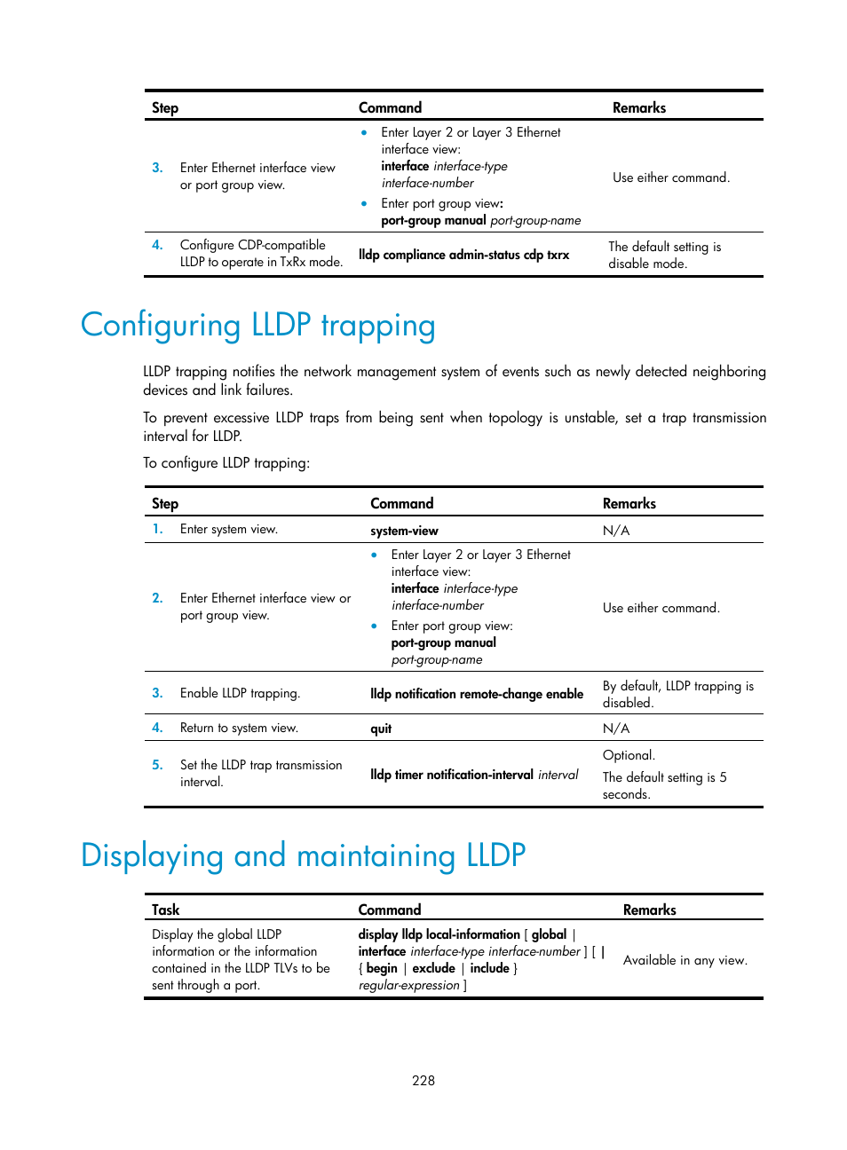 Configuring lldp trapping, Displaying and maintaining lldp | H3C Technologies H3C S12500 Series Switches User Manual | Page 241 / 270