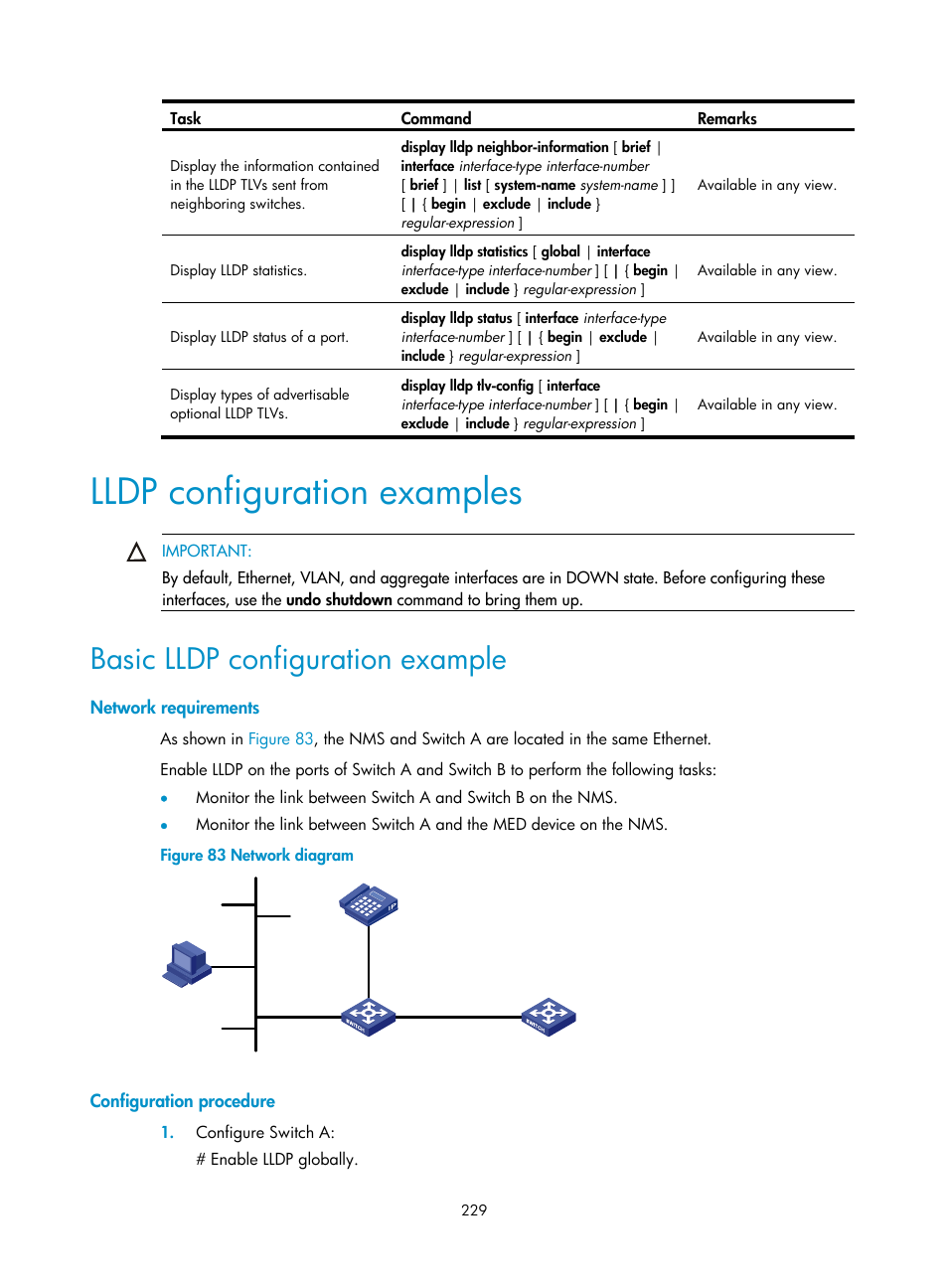 Lldp configuration examples, Basic lldp configuration example, Network requirements | Configuration procedure | H3C Technologies H3C S12500 Series Switches User Manual | Page 242 / 270