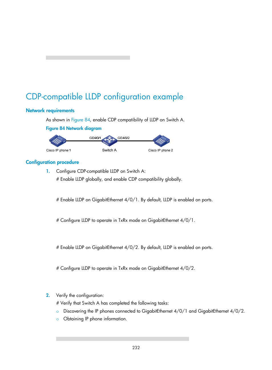 Cdp-compatible lldp configuration example, Network requirements, Configuration procedure | H3C Technologies H3C S12500 Series Switches User Manual | Page 245 / 270